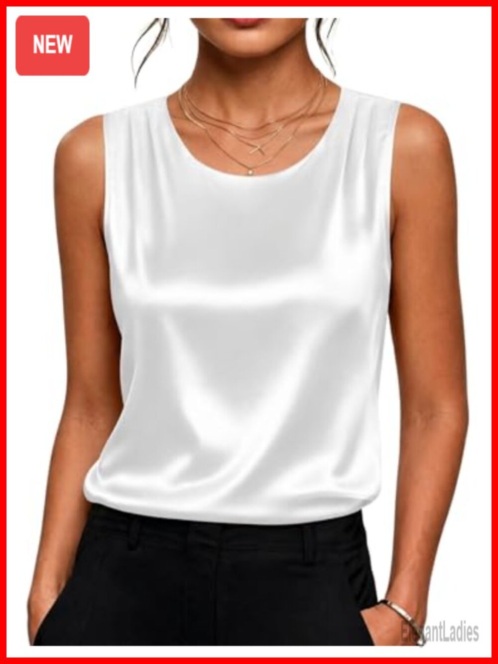 Satin Tank Top Pleated Sleeveless Dressy Casual Business Blouse